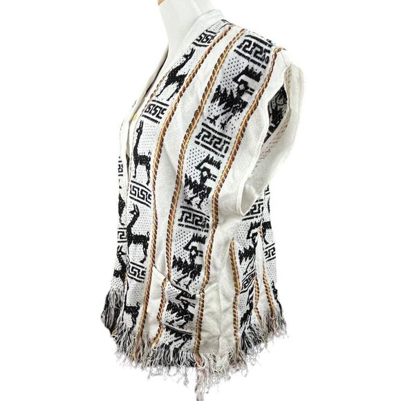 Vintage Artisan Made Alpaca Print Fringe Souvenir Vest M - Picture 3 of 5
